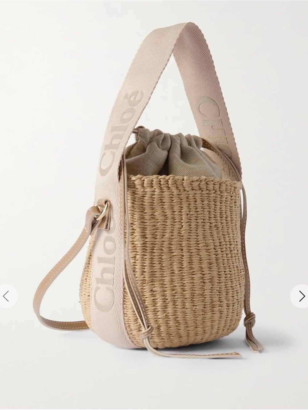 CHLOÉ Woody small leather-trimmed raffia basket bag beige